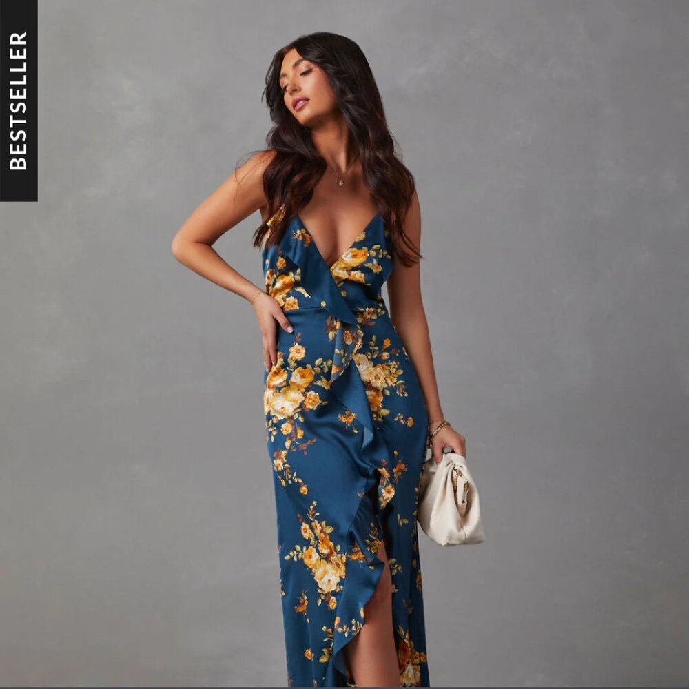 Vici Capriccio Satin Floral Ruffle Maxi Dress